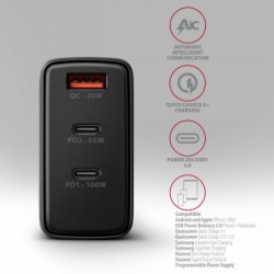ACU-DPQ100 Ładowarka sieciowa GaN 100W, 3x port (USB-A + dual USB-C) PD3.0/QC4+/PPS/Apple Czarna ACU-DPQ100 Ładowarka sieciowa GaN 100W, 3x port (USB-A + dual USB-C) PD3.0/QC4+/PPS/Apple Czarna