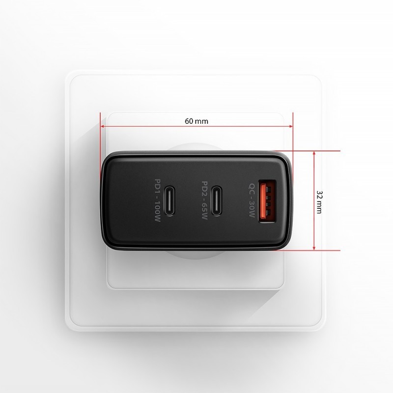 ACU-DPQ100 Ładowarka sieciowa GaN 100W, 3x port (USB-A + dual USB-C) PD3.0/QC4+/PPS/Apple Czarna ACU-DPQ100 Ładowarka sieciowa GaN 100W, 3x port (USB-A + dual USB-C) PD3.0/QC4+/PPS/Apple Czarna