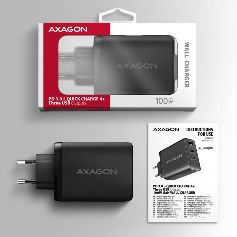 ACU-DPQ100 Ładowarka sieciowa GaN 100W, 3x port (USB-A + dual USB-C) PD3.0/QC4+/PPS/Apple Czarna ACU-DPQ100 Ładowarka sieciowa GaN 100W, 3x port (USB-A + dual USB-C) PD3.0/QC4+/PPS/Apple Czarna