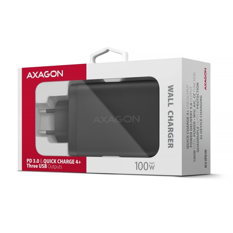 ACU-DPQ100 Ładowarka sieciowa GaN 100W, 3x port (USB-A + dual USB-C) PD3.0/QC4+/PPS/Apple Czarna ACU-DPQ100 Ładowarka sieciowa GaN 100W, 3x port (USB-A + dual USB-C) PD3.0/QC4+/PPS/Apple Czarna