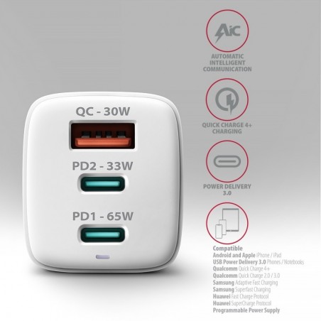 ACU-DPQ65W Ładowarka sieciowa GaN 65W, 3x port (USB-A + dual USB-C) PD3.0/QC4+/PPS/Apple, biała ACU-DPQ65W Ładowarka sieciowa GaN 65W, 3x port (USB-A + dual USB-C) PD3.0/QC4+/PPS/Apple, biała