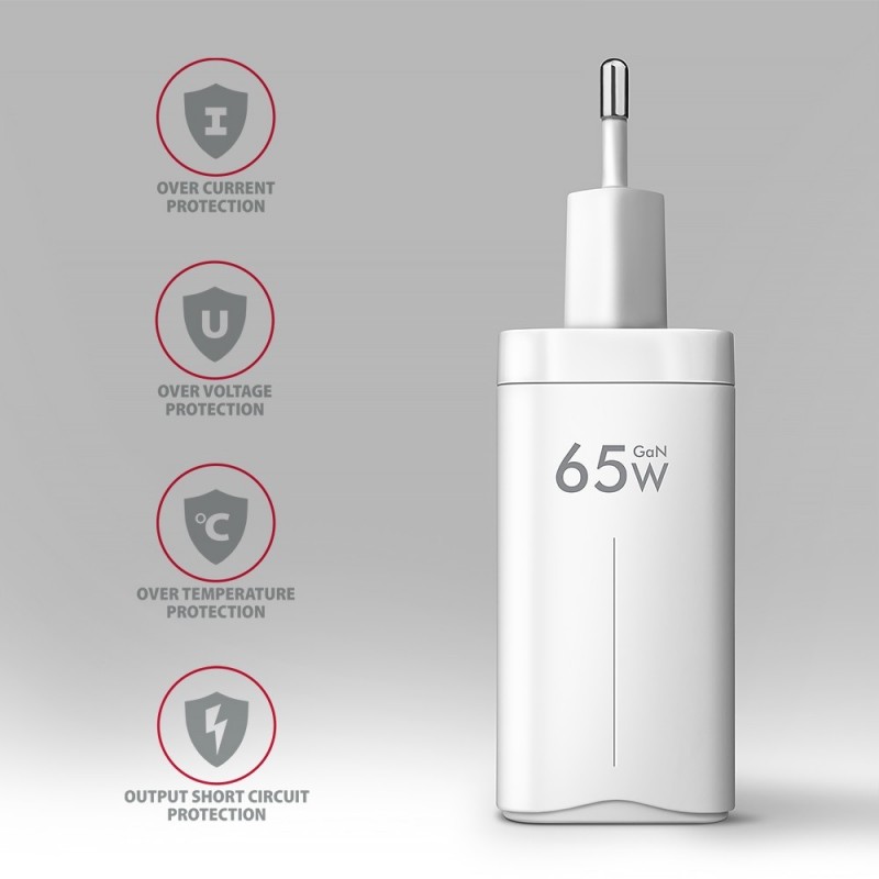 ACU-DPQ65W Ładowarka sieciowa GaN 65W, 3x port (USB-A + dual USB-C) PD3.0/QC4+/PPS/Apple, biała