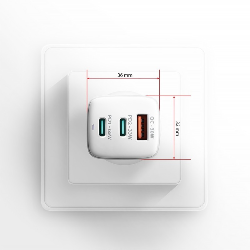 ACU-DPQ65W Ładowarka sieciowa GaN 65W, 3x port (USB-A + dual USB-C) PD3.0/QC4+/PPS/Apple, biała