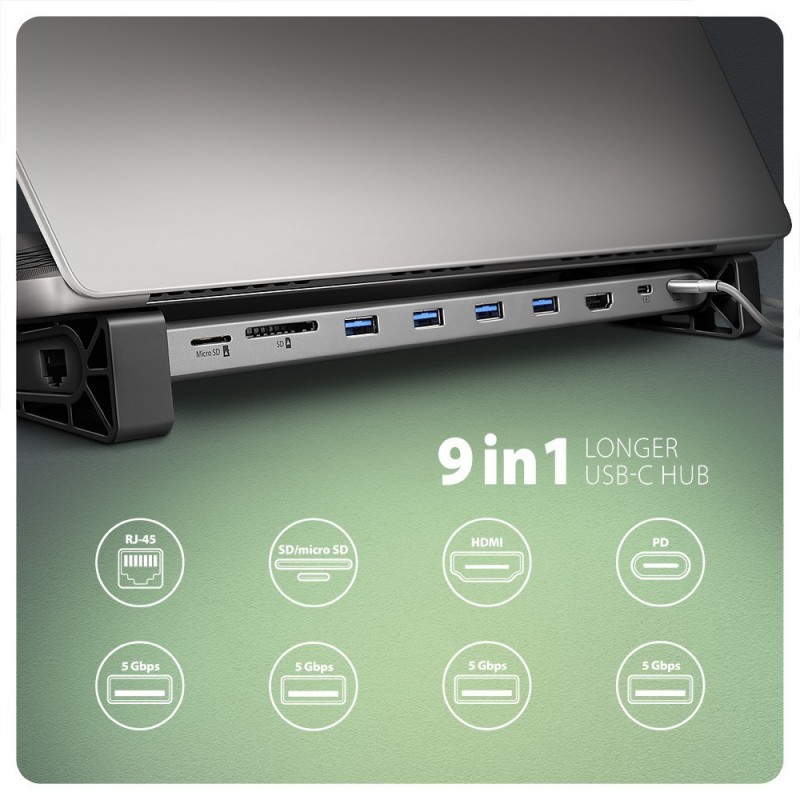 HMC-10HLS Wieloportowy hub USB 9in1, 5Gbps, 4x USB-A, HDMI 4K/60Hz, GLAN, SD/microSD, PD 100W, 25cm USB-C kabel HMC-10HLS Wieloportowy hub USB 9in1, 5Gbps, 4x USB-A, HDMI 4K/60Hz, GLAN, SD/microSD, PD 100W, 25cm USB-C kabel