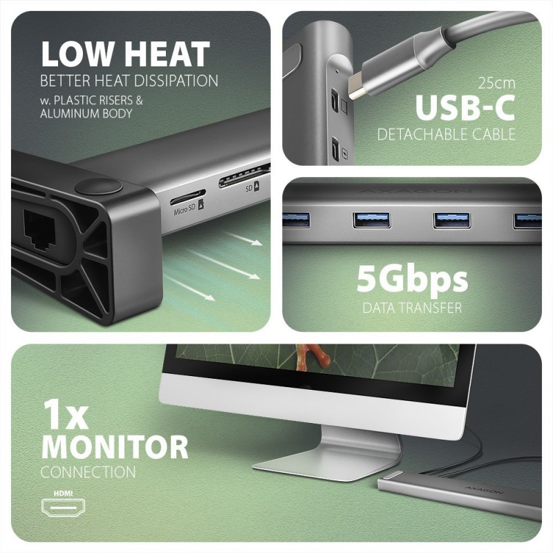 HMC-10HLS Wieloportowy hub USB 9in1, 5Gbps, 4x USB-A, HDMI 4K/60Hz, GLAN, SD/microSD, PD 100W, 25cm USB-C kabel HMC-10HLS Wieloportowy hub USB 9in1, 5Gbps, 4x USB-A, HDMI 4K/60Hz, GLAN, SD/microSD, PD 100W, 25cm USB-C kabel