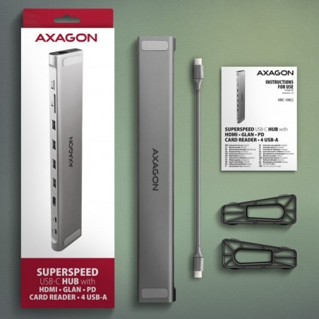 HMC-10HLS Wieloportowy hub USB 9in1, 5Gbps, 4x USB-A, HDMI 4K/60Hz, GLAN, SD/microSD, PD 100W, 25cm USB-C kabel HMC-10HLS Wieloportowy hub USB 9in1, 5Gbps, 4x USB-A, HDMI 4K/60Hz, GLAN, SD/microSD, PD 100W, 25cm USB-C kabel