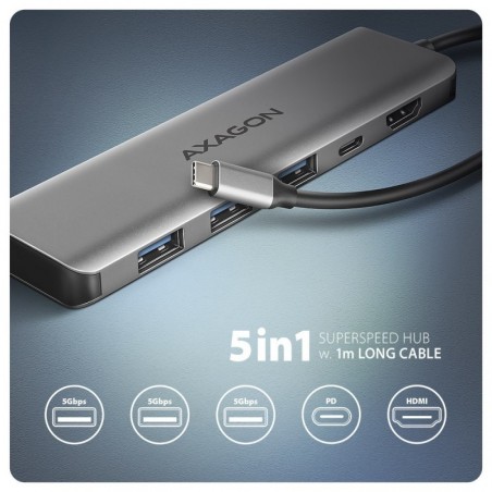 HMC-5H Wieloportowy hub USB 5in1, 5Gbps, 3x USB-A, HDMI 4K/30Hz, PD 100W, 100cm USB-C kabel HMC-5H Wieloportowy hub USB 5in1, 5Gbps, 3x USB-A, HDMI 4K/30Hz, PD 100W, 100cm USB-C kabel