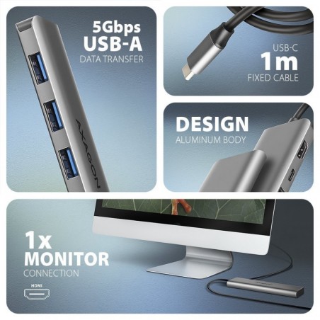 HMC-5H Wieloportowy hub USB 5in1, 5Gbps, 3x USB-A, HDMI 4K/30Hz, PD 100W, 100cm USB-C kabel HMC-5H Wieloportowy hub USB 5in1, 5Gbps, 3x USB-A, HDMI 4K/30Hz, PD 100W, 100cm USB-C kabel