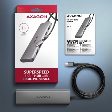 HMC-5H Wieloportowy hub USB 5in1, 5Gbps, 3x USB-A, HDMI 4K/30Hz, PD 100W, 100cm USB-C kabel HMC-5H Wieloportowy hub USB 5in1, 5Gbps, 3x USB-A, HDMI 4K/30Hz, PD 100W, 100cm USB-C kabel