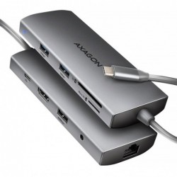 HMC-8HLSA Wieloportowy hub USB 9in1, 5Gbps, 3x USB-A + HDMI 4K/30Hz, SD/microSD, GLAN, Audio, PD 100W, 20cm USB-C kabel