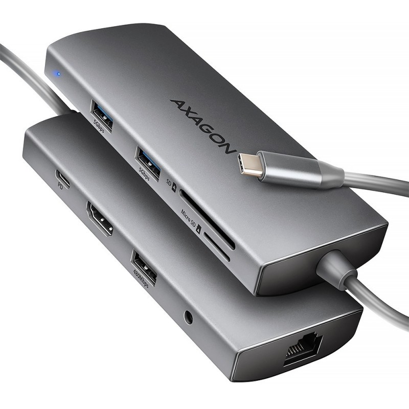 HMC-8HLSA Wieloportowy hub USB 9in1, 5Gbps, 3x USB-A + HDMI 4K/30Hz, SD/microSD, GLAN, Audio, PD 100W, 20cm USB-C kabel