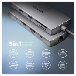 HMC-8HLSA Wieloportowy hub USB 9in1, 5Gbps, 3x USB-A + HDMI 4K/30Hz, SD/microSD, GLAN, Audio, PD 100W, 20cm USB-C kabel HMC-8HLSA Wieloportowy hub USB 9in1, 5Gbps, 3x USB-A + HDMI 4K/30Hz, SD/microSD, GLAN, Audio, PD 100W, 20cm USB-C kabel