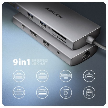 HMC-8HLSA Wieloportowy hub USB 9in1, 5Gbps, 3x USB-A + HDMI 4K/30Hz, SD/microSD, GLAN, Audio, PD 100W, 20cm USB-C kabel HMC-8HLSA Wieloportowy hub USB 9in1, 5Gbps, 3x USB-A + HDMI 4K/30Hz, SD/microSD, GLAN, Audio, PD 100W, 20cm USB-C kabel