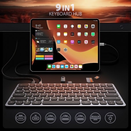 HMC-KB-US Klawiatura USB-C 5Gbps z wieloportowy hub 9in1, SD/microSD, 3x USB-A, HDMI 4K/60Hz, PD 100W, Audio, US layout, 60cm US HMC-KB-US Klawiatura USB-C 5Gbps z wieloportowy hub 9in1, SD/microSD, 3x USB-A, HDMI 4K/60Hz, PD 100W, Audio, US layout, 60cm US