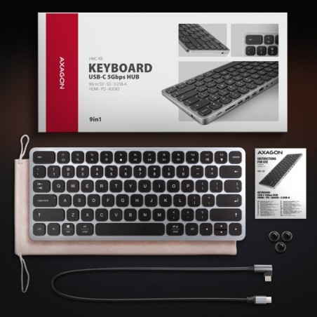 HMC-KB-US Klawiatura USB-C 5Gbps z wieloportowy hub 9in1, SD/microSD, 3x USB-A, HDMI 4K/60Hz, PD 100W, Audio, US layout, 60cm US HMC-KB-US Klawiatura USB-C 5Gbps z wieloportowy hub 9in1, SD/microSD, 3x USB-A, HDMI 4K/60Hz, PD 100W, Audio, US layout, 60cm US