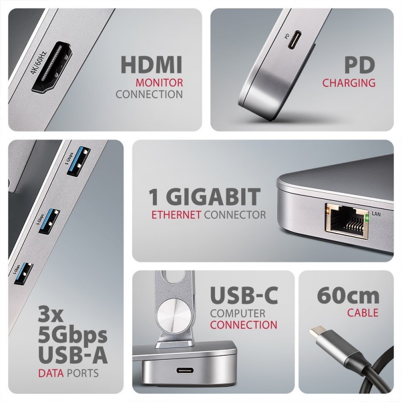 HMC-STND Stojak z wieloportowy hub Aluminiowy 7in1, 5Gbps, do 10"-16" cali laptopów, nastawny, 3x USB-A, HDMI 4K/60Hz, GLAN, PD HMC-STND Stojak z wieloportowy hub Aluminiowy 7in1, 5Gbps, do 10"-16" cali laptopów, nastawny, 3x USB-A, HDMI 4K/60Hz, GLAN, PD