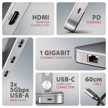 HMC-STND Stojak z wieloportowy hub Aluminiowy 7in1, 5Gbps, do 10"-16" cali laptopów, nastawny, 3x USB-A, HDMI 4K/60Hz, GLAN, PD HMC-STND Stojak z wieloportowy hub Aluminiowy 7in1, 5Gbps, do 10"-16" cali laptopów, nastawny, 3x USB-A, HDMI 4K/60Hz, GLAN, PD