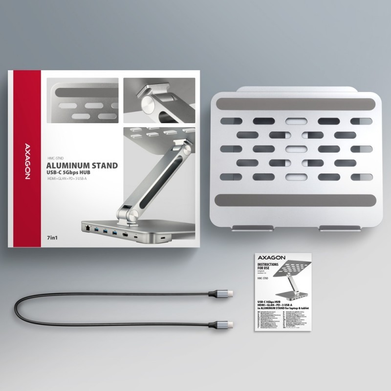 HMC-STND Stojak z wieloportowy hub Aluminiowy 7in1, 5Gbps, do 10"-16" cali laptopów, nastawny, 3x USB-A, HDMI 4K/60Hz, GLAN, PD HMC-STND Stojak z wieloportowy hub Aluminiowy 7in1, 5Gbps, do 10"-16" cali laptopów, nastawny, 3x USB-A, HDMI 4K/60Hz, GLAN, PD