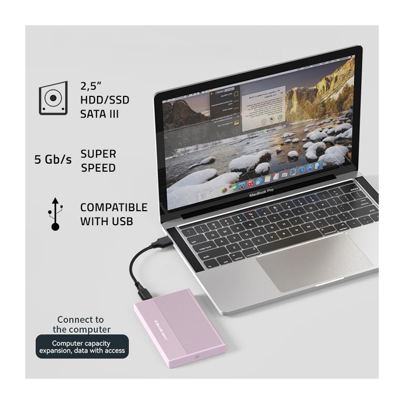 Obudowa | Kieszeń na dysk SSD HDD 2.5 cala | SATA | USB 3.0 | Super speed 5Gb/s | 2TB | Różowy Obudowa | Kieszeń na dysk SSD HDD 2.5 cala | SATA | USB 3.0 | Super speed 5Gb/s | 2TB | Różowy