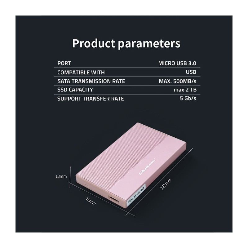 Obudowa | Kieszeń na dysk SSD HDD 2.5 cala | SATA | USB 3.0 | Super speed 5Gb/s | 2TB | Różowy Obudowa | Kieszeń na dysk SSD HDD 2.5 cala | SATA | USB 3.0 | Super speed 5Gb/s | 2TB | Różowy