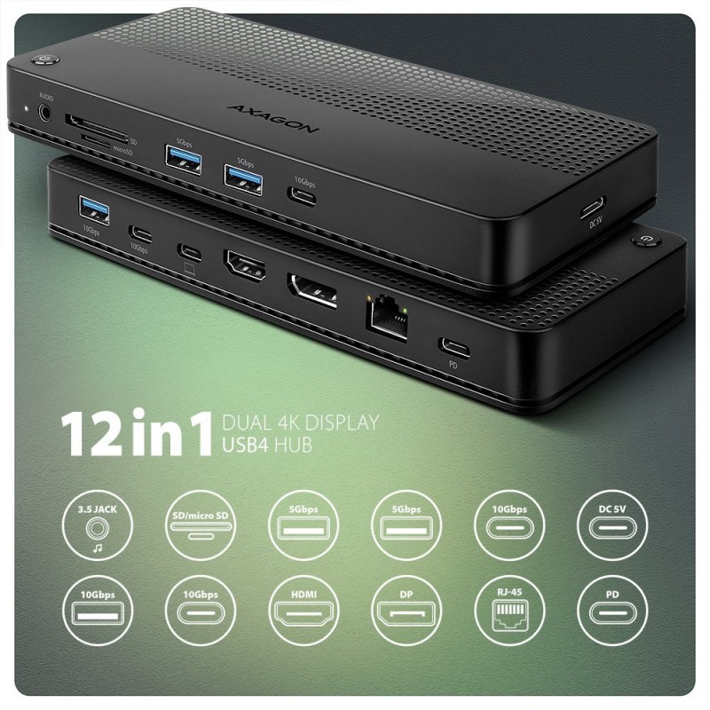 HMC-U4 Wieloportowy hub USB 12in1, USB 4.0 40Gbps, 3x USB-A, 2x USB-C, GLAN, HDMI 8K, DP 8K, PD 100W, HQ audio 24bit, UHS II SD/