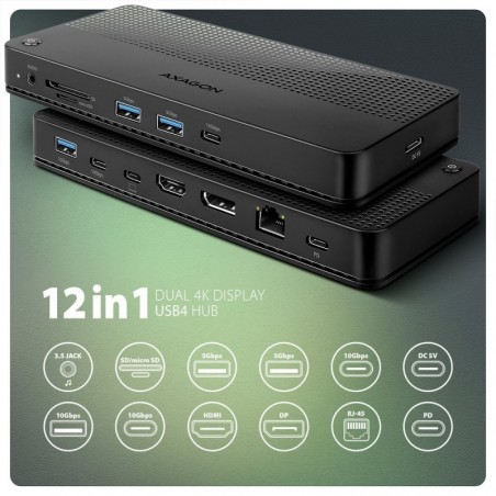 HMC-U4 Wieloportowy hub USB 12in1, USB 4.0 40Gbps, 3x USB-A, 2x USB-C, GLAN, HDMI 8K, DP 8K, PD 100W, HQ audio 24bit, UHS II SD/ HMC-U4 Wieloportowy hub USB 12in1, USB 4.0 40Gbps, 3x USB-A, 2x USB-C, GLAN, HDMI 8K, DP 8K, PD 100W, HQ audio 24bit, UHS II SD/