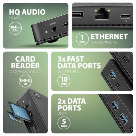 HMC-U4 Wieloportowy hub USB 12in1, USB 4.0 40Gbps, 3x USB-A, 2x USB-C, GLAN, HDMI 8K, DP 8K, PD 100W, HQ audio 24bit, UHS II SD/ HMC-U4 Wieloportowy hub USB 12in1, USB 4.0 40Gbps, 3x USB-A, 2x USB-C, GLAN, HDMI 8K, DP 8K, PD 100W, HQ audio 24bit, UHS II SD/