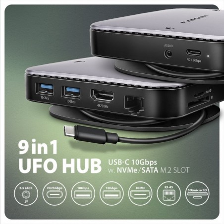 HMC-UFO Wieloportowy hub USB 9in1, 10Gbps, 2x USB-A, HDMI 4K/60Hz, M.2 NVMe/SATA, audio, PD 100W, SD/microSD, GLAN, 65cm USB-C k HMC-UFO Wieloportowy hub USB 9in1, 10Gbps, 2x USB-A, HDMI 4K/60Hz, M.2 NVMe/SATA, audio, PD 100W, SD/microSD, GLAN, 65cm USB-C k