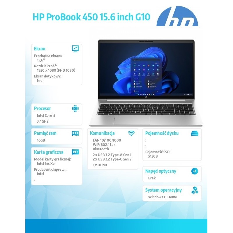 Notebook 450 G10 i5-1334U 16GB/512GB/15.6 cali FHD/Win11Home/ AD1G7ET Notebook 450 G10 i5-1334U 16GB/512GB/15.6 cali FHD/Win11Home/ AD1G7ET