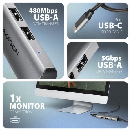 HMC-H3A Wieloportowy hub USB 4in1, 5Gbps, 3x USB-A (2x USB2.0, 1x USB3.0) + HDMI 4K/30Hz, metal, 15cm USB-C kabel HMC-H3A Wieloportowy hub USB 4in1, 5Gbps, 3x USB-A (2x USB2.0, 1x USB3.0) + HDMI 4K/30Hz, metal, 15cm USB-C kabel