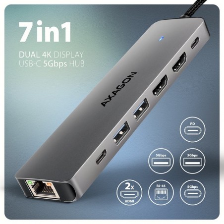 HMC-7HX2 Wieloportovy hub USB 7in1, 5Gbps, 2x USB-A, 1x USB-C, 2x HDMI 4K/60Hz, GLAN, PD 100W, 15cm USB-C kabel HMC-7HX2 Wieloportovy hub USB 7in1, 5Gbps, 2x USB-A, 1x USB-C, 2x HDMI 4K/60Hz, GLAN, PD 100W, 15cm USB-C kabel