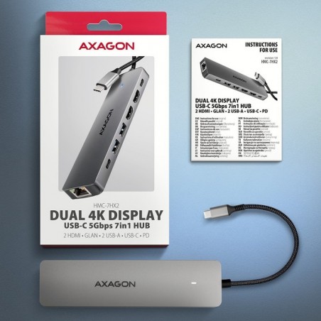HMC-7HX2 Wieloportovy hub USB 7in1, 5Gbps, 2x USB-A, 1x USB-C, 2x HDMI 4K/60Hz, GLAN, PD 100W, 15cm USB-C kabel HMC-7HX2 Wieloportovy hub USB 7in1, 5Gbps, 2x USB-A, 1x USB-C, 2x HDMI 4K/60Hz, GLAN, PD 100W, 15cm USB-C kabel