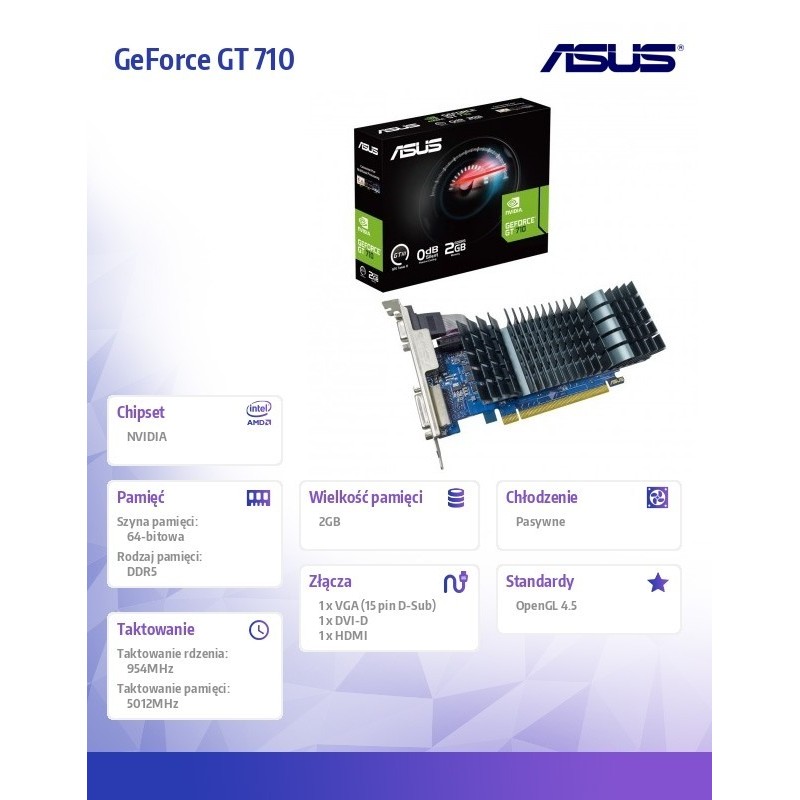 Karta graficzna GeForce GT 710 2GB GDDR5 EVO 64 bit DVI-D/DSUB/HDMI