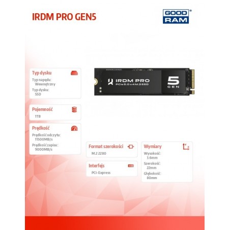 Dysk SSD IRDM PRO P54S Gen5 1TB 5x4 2280 5x4 2280 11500/9000MB/s Dysk SSD IRDM PRO P54S Gen5 1TB 5x4 2280 5x4 2280 11500/9000MB/s