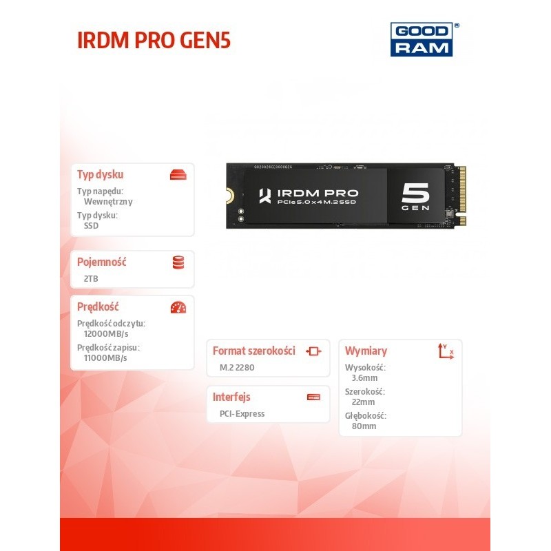 Dysk SSD IRDM PRO P54S Gen5 2TB 5x4 2280 12000/11000MB/s Dysk SSD IRDM PRO P54S Gen5 2TB 5x4 2280 12000/11000MB/s