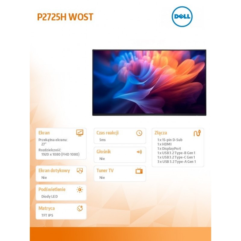 Monitor 27 cali P2725HWO IPS LED FullHD(1920x1080)/16:9/HDMI/DP/USB-C/ VGA/USB/Bez podstawy/3Y Monitor 27 cali P2725HWO IPS LED FullHD(1920x1080)/16:9/HDMI/DP/USB-C/ VGA/USB/Bez podstawy/3Y