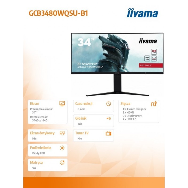 Monitor 34 cale GCB34801WQSU-B1 VA,UWQHD,180HZ,0.4ms,1500R(Curved),   2xHDMI,2xDP,2xUSB 3.2,2x3W,HDR400,HAS(110mm),VESA(100x100m