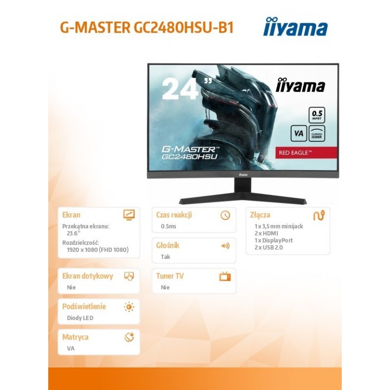 Monitor 24 cale GC2480HSU-B1,VA,180HZ,1500R,USBx2,0,5ms,300cd Monitor 24 cale GC2480HSU-B1,VA,180HZ,1500R,USBx2,0,5ms,300cd