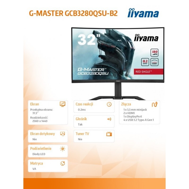 Monitor 32 cale GCB3280QSU-B2,VA,QHD,180Hz,1500R,0.2ms,4xUSB,350cd Monitor 32 cale GCB3280QSU-B2,VA,QHD,180Hz,1500R,0.2ms,4xUSB,350cd