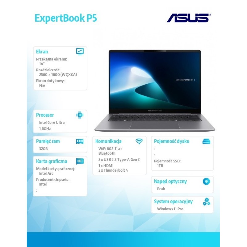 Notebook P5405CSA-NZ0407X ultra 5 228V 14 cali/32/1TB/Windows11Pro 