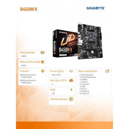 Płyta główna B450M K AM4 2DDR4 HDMI USB 3.2 M.2 uATX Płyta główna B450M K AM4 2DDR4 HDMI USB 3.2 M.2 uATX