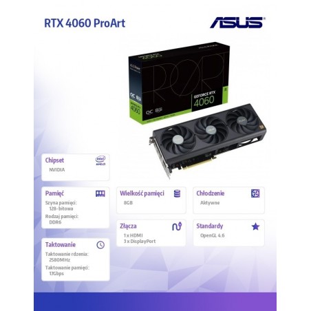 Karta graficzna RTX 4060 PROART OC 8GB GDDR6 128bit 3DP/HDMI Karta graficzna RTX 4060 PROART OC 8GB GDDR6 128bit 3DP/HDMI