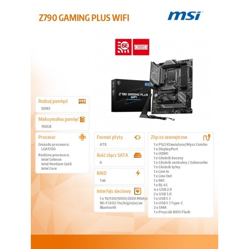 Płyta główna Z790 GAMING PLUS WIFI s1700 4DDR5 HDMI ATX  Płyta główna Z790 GAMING PLUS WIFI s1700 4DDR5 HDMI ATX