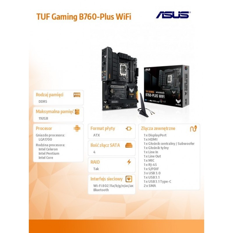Płyta główna TUF Gaming B760-PLUS WIFI s1700 4DDR5 ATX Płyta główna TUF Gaming B760-PLUS WIFI s1700 4DDR5 ATX
