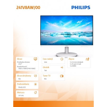 Monitor 241V8AW 23.8 cala IPS HDMI Głośniki Biały Monitor 241V8AW 23.8 cala IPS HDMI Głośniki Biały