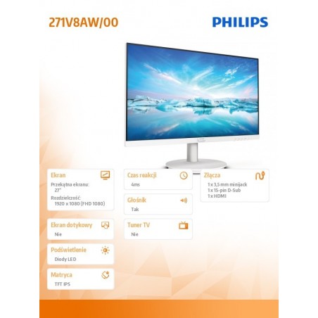 Monitor 271V8AW 27 cali IPS HDMI Głośniki Biały Monitor 271V8AW 27 cali IPS HDMI Głośniki Biały