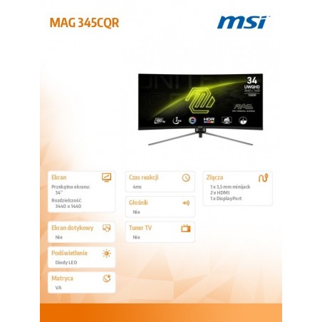 Monitor 34 cale MAG 345CQR LED/WQHD/Curved/180Hz/czarny Monitor 34 cale MAG 345CQR LED/WQHD/Curved/180Hz/czarny
