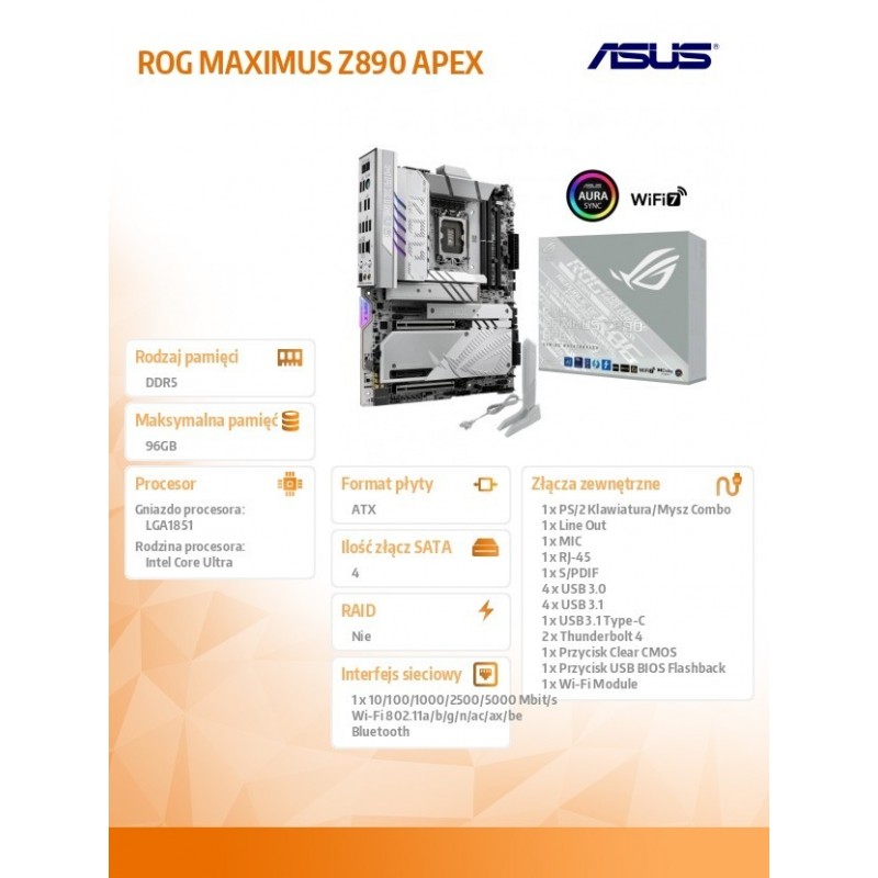 Płyta główna ROG MAXIMUS Z890 APEX s1851 4DDR5 TB4 ATX/90MB1IP0-M0EAY0 