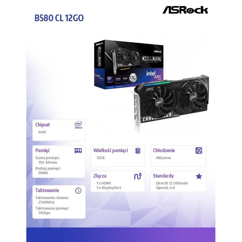Karta graficzna B580 CHALLENGER 12G OC GDDR6 192bit 3DP/HDMI 