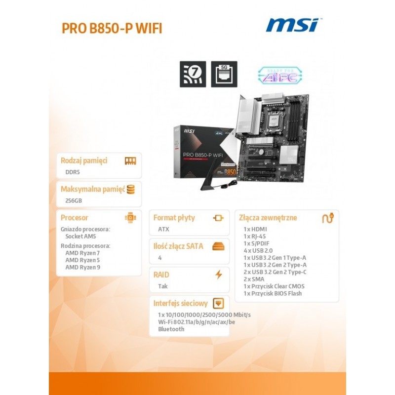 Płyta główna PRO B850-P WIFI AM5 4DD R5 ATX 
